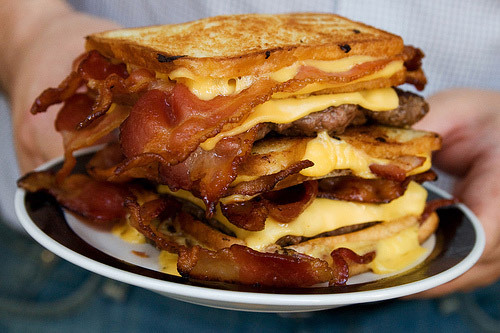 The Double Bacon Hamburger Fatty Melt Three bacon-stuffed grilled cheese sandwichs for buns, cheese, bacon and two four-ounce beefs patties. (via seriouseats)