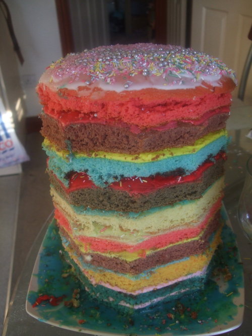 Magical Rainbow Tower Of Dreams Ten layers of multi-coloured chocolate chip sponge cake, each separated with a layer of icing. (submitted by Naomi Rose, Thomas Steer, David White)