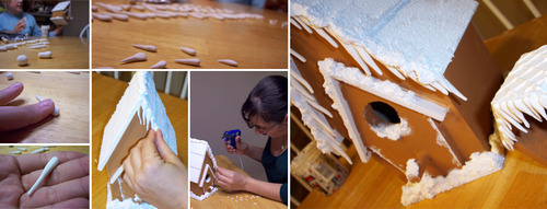 (Step 4) Icicles The icicles were easy, because when you make a real gingerbread house, you just put icing into a piping bag and sort of make it glop down over the side a bunch of times. So it isn’t neat or uniform or precise, and we didn’t want our fake gingerbread house to be any more neat or uniform or precise than a real one would be. That would have been a dead giveaway. We used a $4 package of white Model Magic from Crayola (a package, I might add, of which most is sitting in a Ziploc bag in my closet now, waiting to dry out from disuse and be thrown away unless I come up with something to do with it). It’s very easy to use, and it doesn’t make a mess. I just pulled off little pieces of the stuff and rolled out tiny spikes while Jenny was putting the Sno-Tex on the roof of the Birdhouse. After I rolled them, I flattened the fat end of each one to make it a little easier to glue on. Let’s say, for the sake of doing this right, that we let all the icicles dry completely before we put them on. Because we should have. All we did then was hot glue them to the eaves of the roof, across the front and (although you can’t tell yet from this photo) down the sides. We did smaler ones on the Nook, as well. Model Magic is squishy and foamy when it dries, which makes it look just like icing. It’s not delicious at all, but it lasts a lot longer.